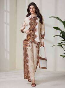 Seusyu Set de 2 piezas de camisa de manga larga y pantalones casuales minimalistas para mujer, atuendo de uso diario