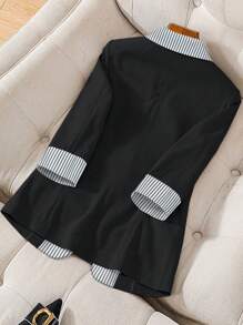 Franclia 女士秋冬条纹拼布长袖纽扣西装外套，休闲办公装 - 黑色 - 查看 2