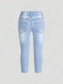 Young Girl' All-Match Distressed Washed Denim Skinny Jeans - Light Wash - View 2