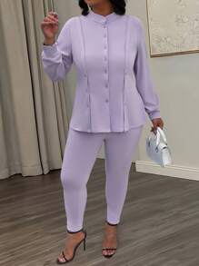 Maweii 2 pièces/set Blouse avec boutons et legging skinny taille haute pour femmes grande taille - Parme - Voir 5