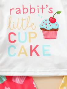 SHEIN 3pcs/Set Baby Girls' Cute Ice Cream Print Short Sleeve Top, Long Pants And Ruffled Cuffs Home Outfit Set - Multicolor - View 4