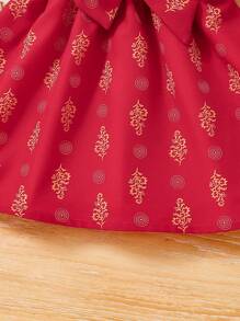 Îmbrăcăminte pentru fetițe Rochie elegantă de vară cu mâneci scurte cu guler brodat cu imprimeu auriu, potrivită pentru petreceri, festivaluri și activități în aer liber - roșu - Vizualizare 7