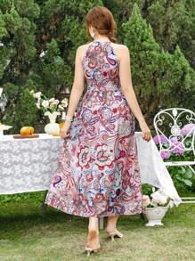 SHEIN 青少年波西米亚风花卉印花吊带束腰长裙