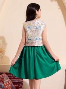 少女花卉提花背心连裙两件套 - 綠色 - 查看 2