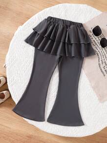 SHEIN Young Girl Grey 2 In 1 Ruffle Flare Pants - Grey - View 2