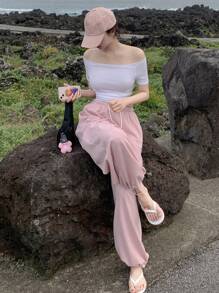 DAZY Women's Solid Color Off-Shoulder Short Sleeve Cropped White T-Shirt, Spring/Summer,Off Shoulder Top - White - View 5