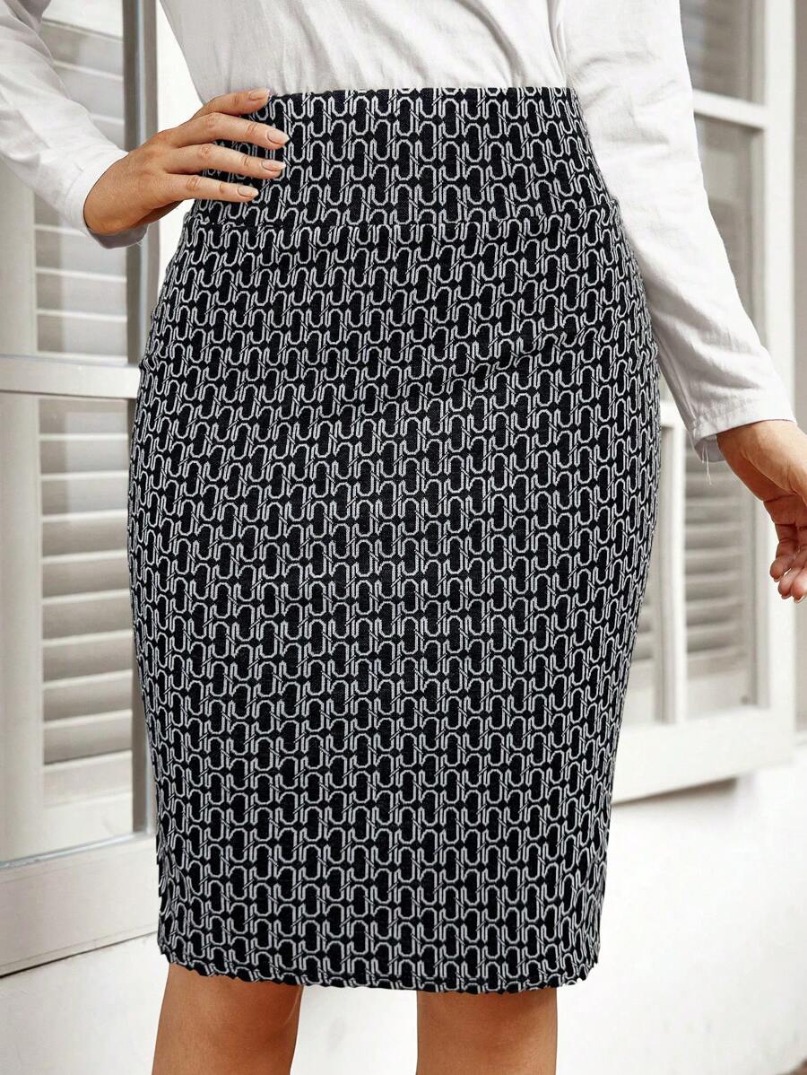 EMERY ROSE 女士优雅提花图案针织裙，秋冬 - 黑與白 - 查看 1