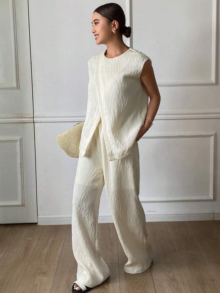 Livesso 2pcs Women Casual Solid Color Textured Wrap Top & Pants Set Summer - White - View 4