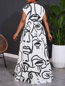 Slaydiva Plus Size Women Abstract Face Line Art Print Sleeveless Casual Dress - Multicolor - View 3