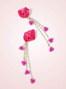 SHEIN MOD Satin Dimensional Faux Pearl Flower Tassel Dangle Earrings
