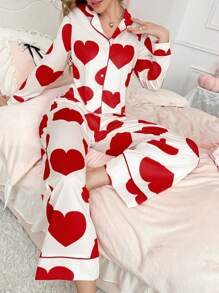 Valentine's Day Heart Print Sweet & Cute Lapel Women's Red Pajama Set - Multicolor - View 4