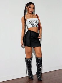 SHEIN ChicEase Váy Mini Cạp Thấp Lông Giả Phong Cách Đường Phố - màu đen - Xem 5