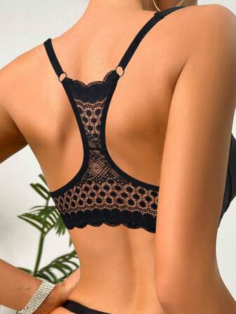 DesireSculpt 1 Stück Damen Schwarze Vorderverschluss Unterwäsche BH mit Spitzendetails, hebend & stützend, sexy rückenfreies Design