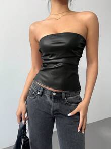Siren Gaze 女士黑色皮革上衣时尚褶皱不对称下摆抹胸，适合外出和派对上衣，女士夏季服装，音乐节/音乐会女士服装 - 黑色 - 查看 5