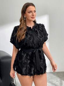 SHEIN Privé 大码女式单排扣休闲宽松镂空短袖衬衫 - 黑色 - 查看 5