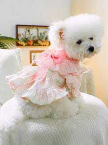 PETSIN 1pc Pet Dog/Cat Sweet Romantic Lace Patchwork Puff Sleeve Princess Dress - Pink - View 1