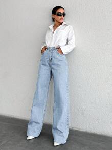 RueChic 100%纯棉高腰阔腿牛仔裤