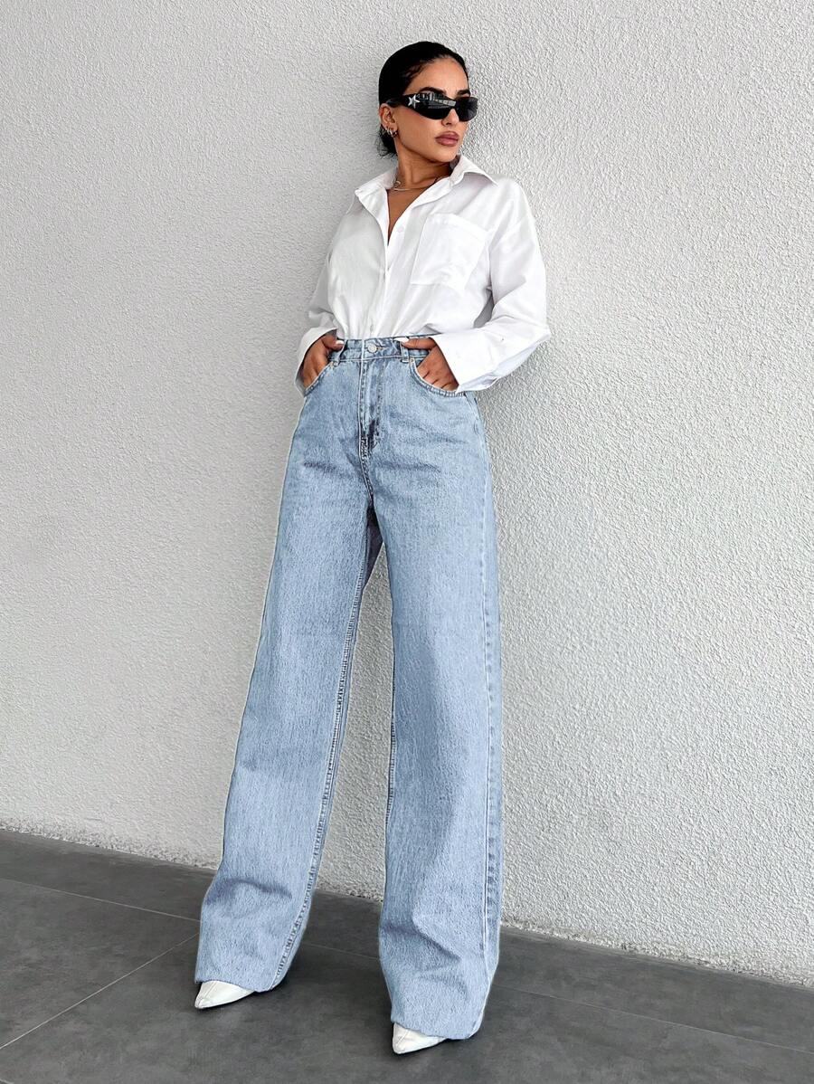 RueChic 100%纯棉高腰阔腿牛仔裤