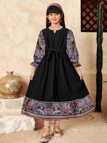 SHEIN Tween Girl Retro Print Puff Sleeve A-Line Long Dress - Black - View 8