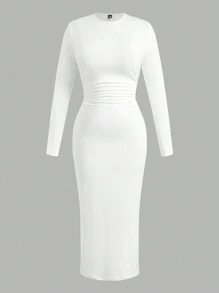 SHEIN EZwear 大码女式冬季连衣裙，女士长袖连衣裙，派对礼服，圆领紧身休闲连衣裙，白色 - 白色 - 查看 1