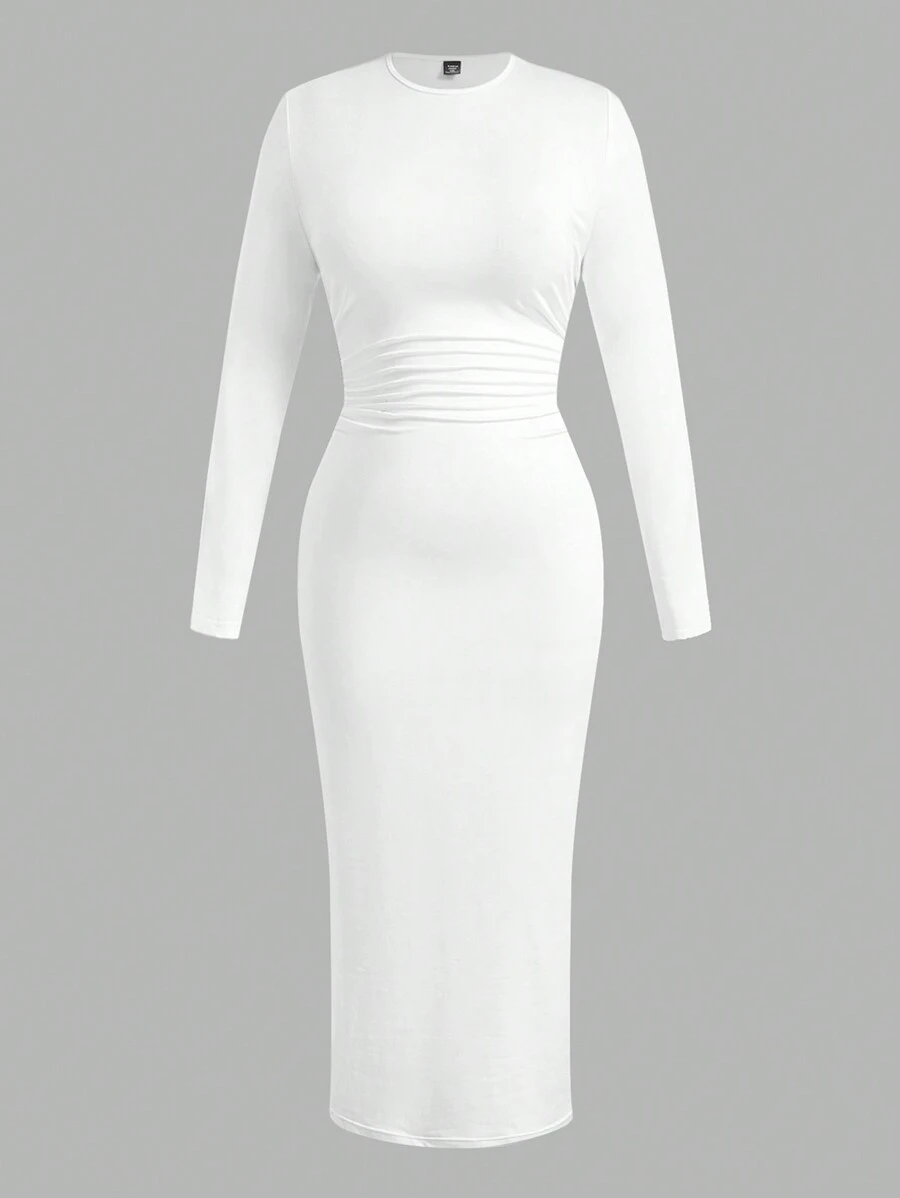 SHEIN EZwear 大码女式冬季连衣裙，女士长袖连衣裙，派对礼服，圆领紧身休闲连衣裙，白色 - 白色 - 查看 1