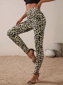 SHEIN LUNE 女士休闲修身弹力性感豹纹紧身裤 - 棕色 - 查看 3