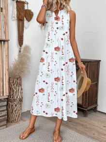 EMERY ROSE 女士度假花卉印花缺口 V 领口袋长款休闲连衣裙超长款女装