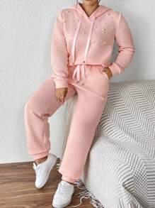 INAWLY Plus Size Women 2 Pieces Set - Solid Color Beaded Decorated Sweatshirt And Pants - Pink - View 5