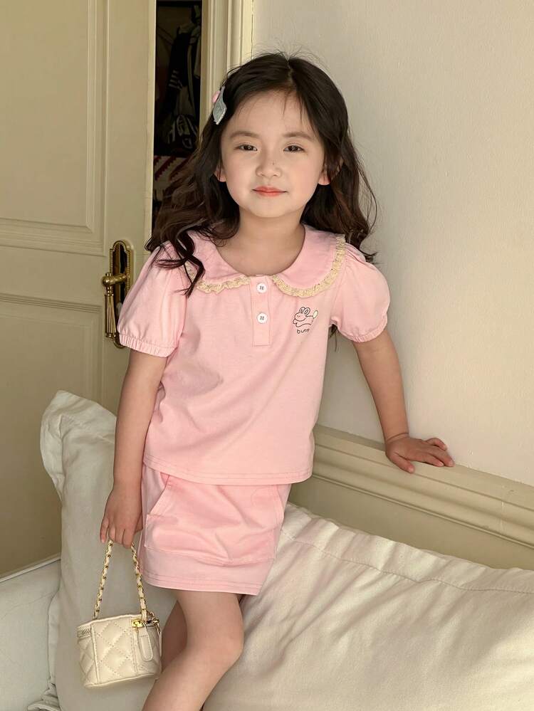 Young Girl Simple Fashion Casual Solid Color Short Sleeve Top And Mini Skirt 2 Pieces Set,Girls Summer Outfits