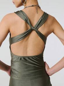 TypaGal V-Neck Zip Front Cross Back Shimmer Stretchy Camisole Top With Knot Detail - Green - View 2
