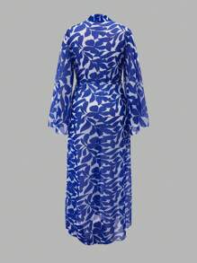 SHEIN Maternity Kimono With Blue Silhouette & Floral Print, Elegant, For Summer Beach Vacation