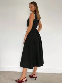 Siren Gaze 纯色U领A字下摆连衣裙，撞色饰边连衣裙，优雅女装，女士办公室/通勤装 - 黑色 - 查看 2