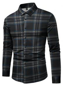 Manfinity Homme 男士前扣长袖格子休闲商务衬衫，适合秋季 - 黑色 - 查看 3