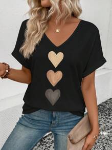 SHEIN Women's V-Neck Ruffle Sleeve, Ombre Heart Graphic Casual Versatile T-Shirt, Spring/Summer - Black - View 6