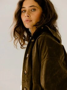 Aralina 时尚麂皮纽扣式贴袋麂皮长款夹克