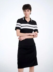 SHEIN Clasi 女士黑白撞色短袖休闲针织 T 恤 - 黑與白 - 查看 3