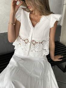 Chiquease 女式拼布荷叶边盖袖短款衬衫，夏装 - 杏色 - 查看 1