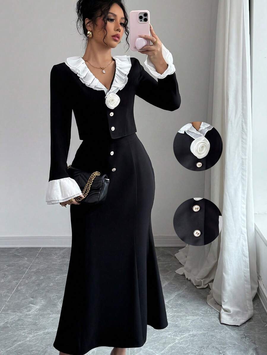 SHEIN Unity 2pcs/Set Women Contrast Color Ruffle Hem Top And Fish Tail Skirt Outfit - Black and White - View 1