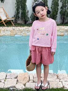 DAZY 2 件套年轻女孩休闲简约长袖上衣和短裤套装，日常穿着 - 粉色 - 查看 4