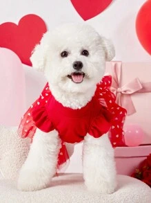 PETSIN 1 st. I WOOF YOU Rood Hartpatroon Mock Neck Lantaarnmouw Gevlokt & Mesh Huisdier Hondenjurk, Luxe Valentijnsoutfit