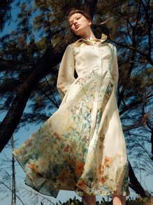 Anewsta Vestido de mangas farol con cintura ceñida y estampado floral romántico francés elegante para mujer, atuendo para el Día de San Valentín, vacaciones, Año Nuevo