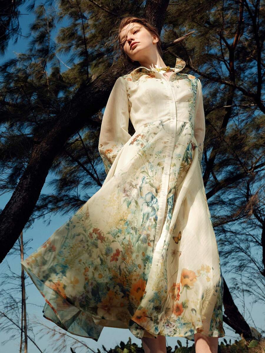 Anewsta 女士优雅浪漫法式花卉数码印花灯笼袖腰收腰连衣裙，情人节、度假、新年装 - 彩色 - 查看 1