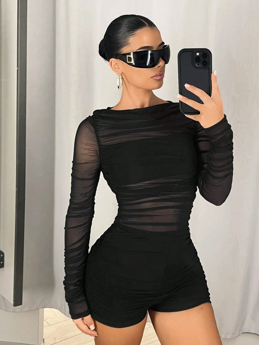 SHEIN ICON 长袖网眼褶皱拼接连体裤