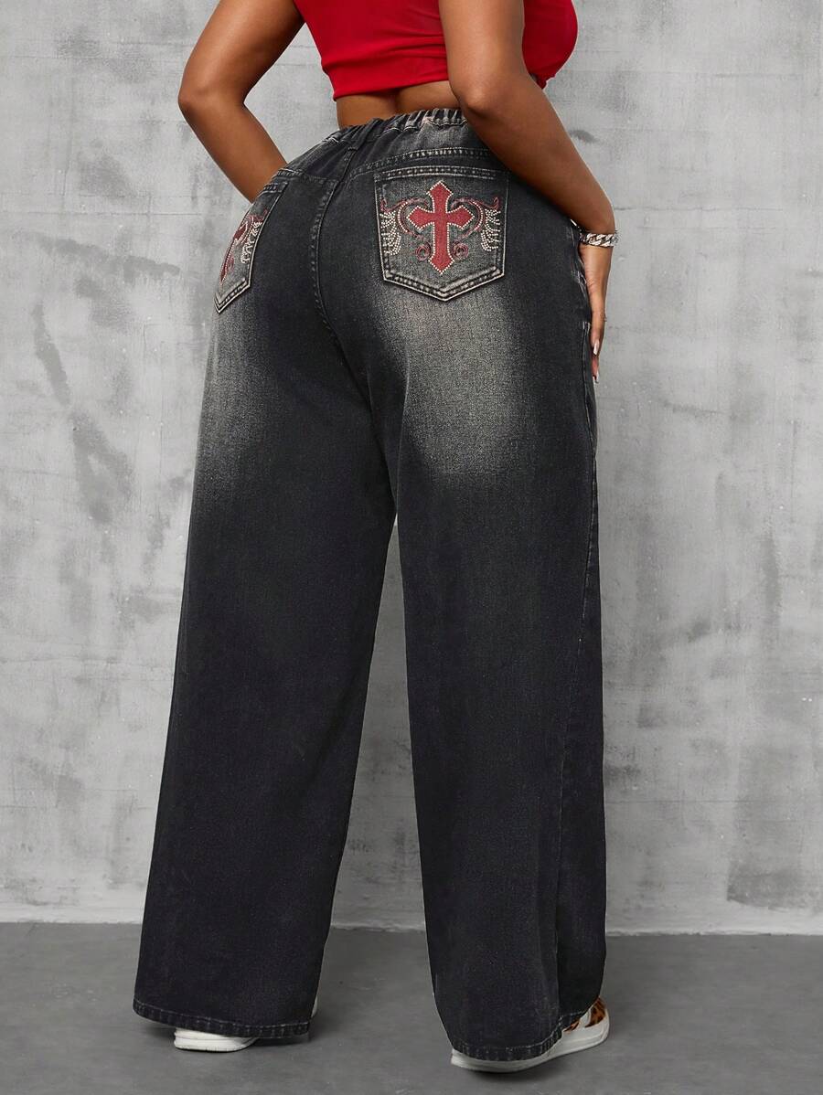 SHEIN SXY 大码休闲牛仔裤，时尚，适合日常穿着 - 灰色 - 查看 1