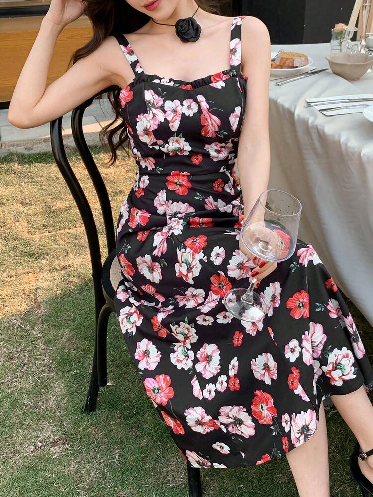 Women All-Over Floral Print Spaghetti Strap Waist Midi Dress Sundress Boho