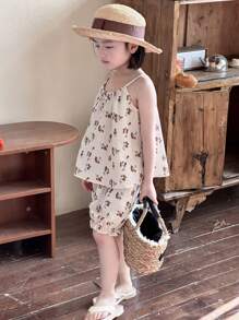 DAZY 2 件套年轻女孩休闲简约花卉吊带背心上衣和短裤，女孩夏季服装