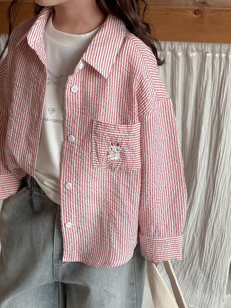 SHEIN x Tata & Beatriz Dazy Kids 年轻女孩宽松条纹长袖休闲衬衫 - 紅色 - 查看 1