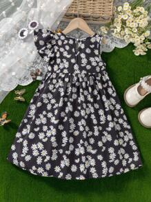 SHEIN 女童时尚花卉印花拼色荷叶边下摆中长连衣裙，适合夏季度假