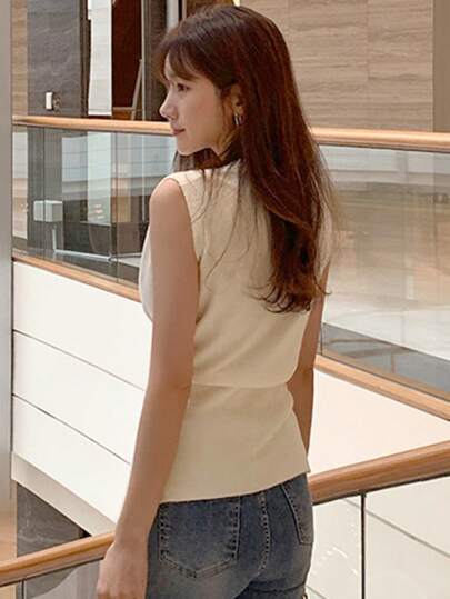 DAZY Top tricoté sans manches à col rond asymétrique avec torsade, couleur unie, couleur abricot, printemps/été