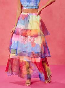 SHAQUITA GARCIA Designer Boho Bohemian Multi-Color Gradient Pattern Valentine's Day Cascading Ruffled Organza Elegant Romantic Skirt, Festival - Multicolor - View 5